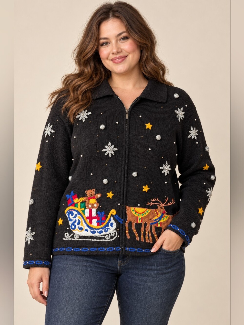 Vintage Studio HO HO HO Christmas Sweater Large Santa Reindeer Beaded Cardigan